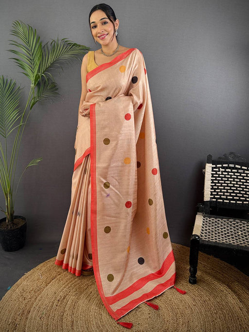 Cream Handloom Ghicha polka Dot Saree