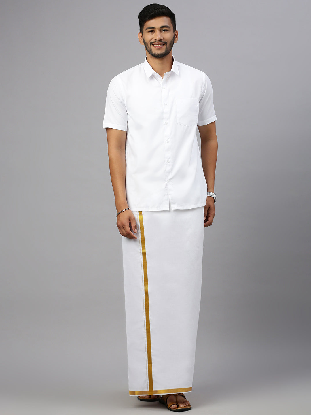 Men Cotton Blend Double Layer White Dhoti with 1" Gold Jari Border Crimson