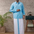 Men Matching Border Dhoti & Full Sleeves Shirt Set Blue C11