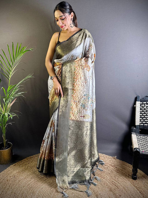 Grey Chex Radiance Banarasi Silk Saree