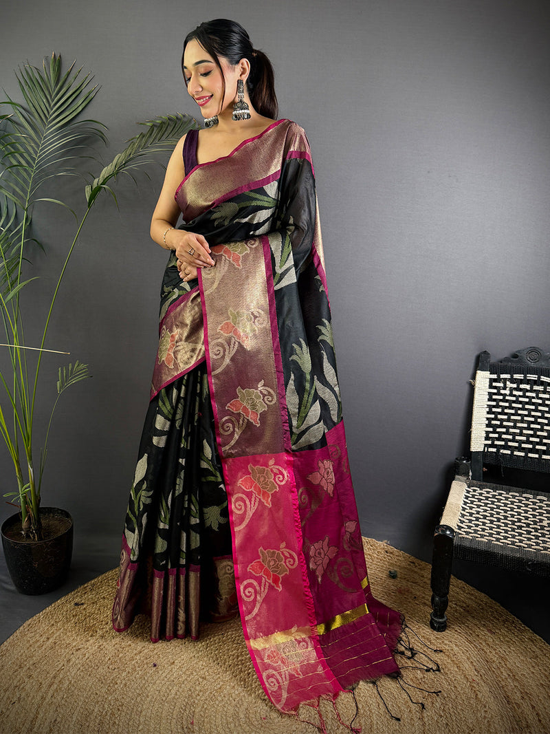 Black Soft Chanderi Pochampally Ikkat Saree