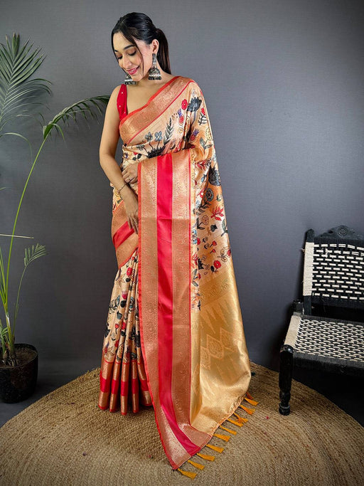 Beige Soft Silk Gadwal Kalamkari Saree