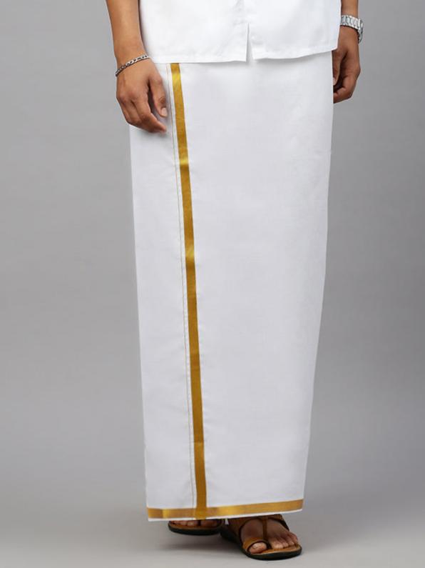 Men Cotton Blend Double Layer White Dhoti with 1" Gold Jari Border Crimson