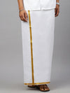 Men Cotton Blend Double Layer White Dhoti with 1" Gold Jari Border Crimson