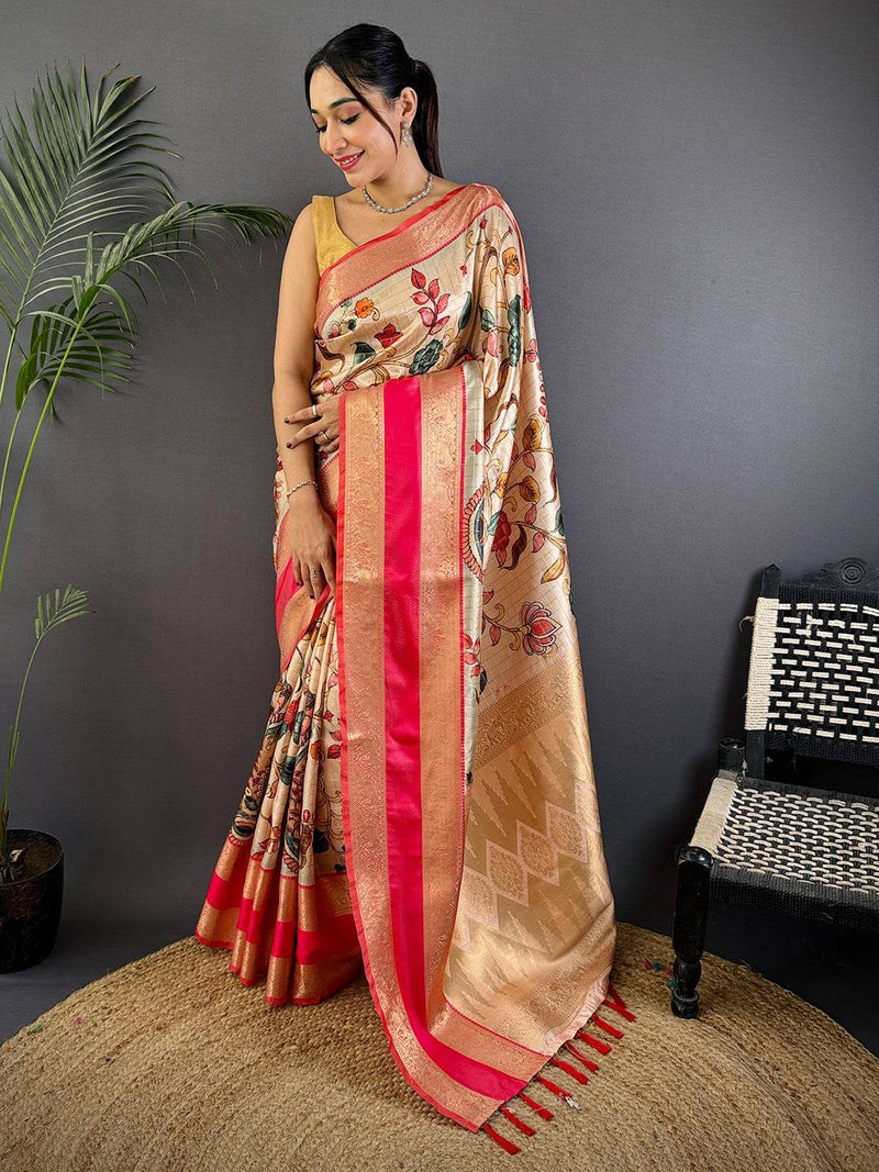 Cream Soft Silk Gadwal Kalamkari Saree