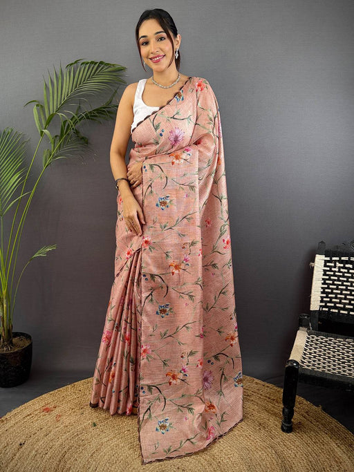 Peach Soft Kota Floral Print Saree