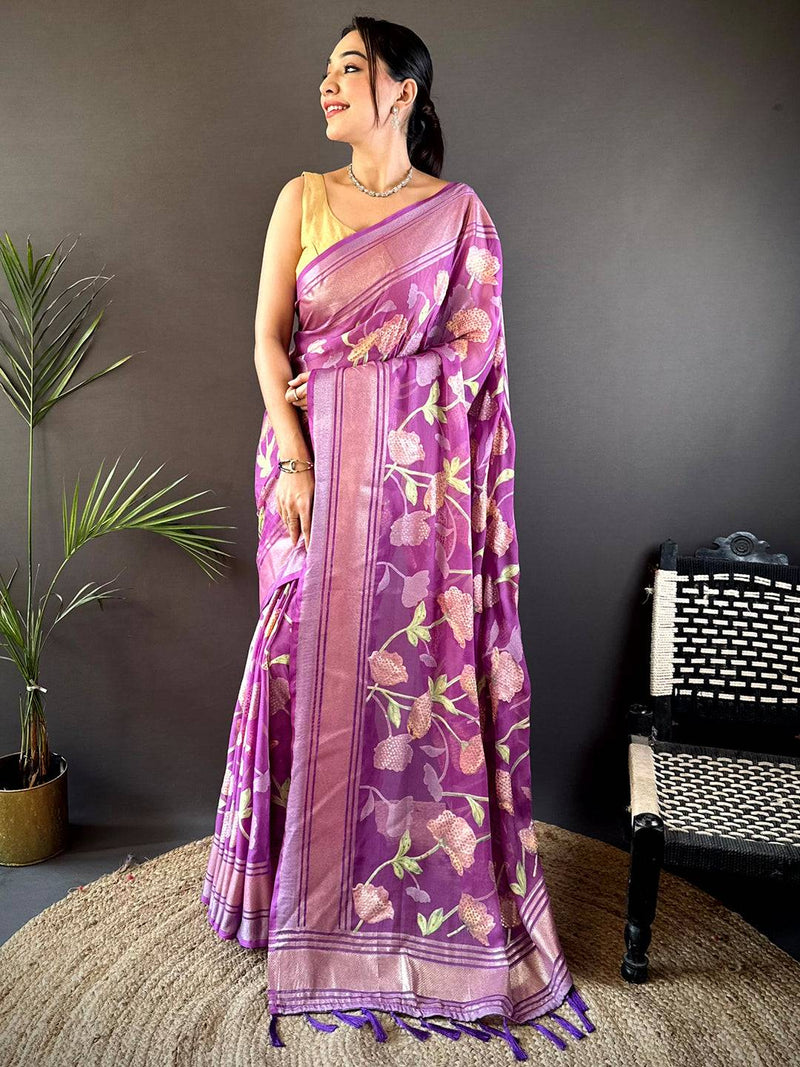 Wine Brasso Soft Mina Kari Weaving Saree