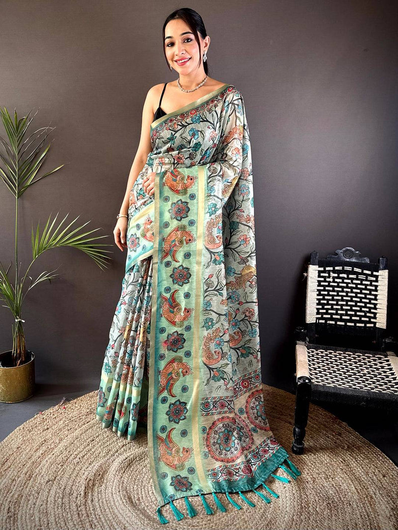 Pista Floral Kalamkari Chanderi Cotton Saree