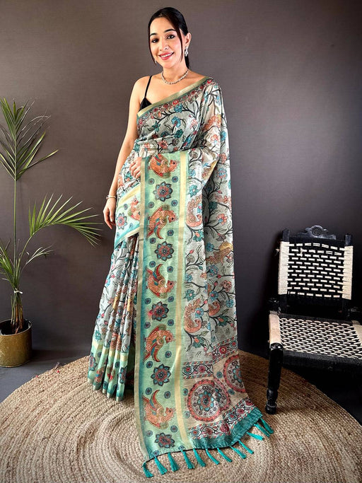 Pista Floral Kalamkari Chanderi Cotton Saree