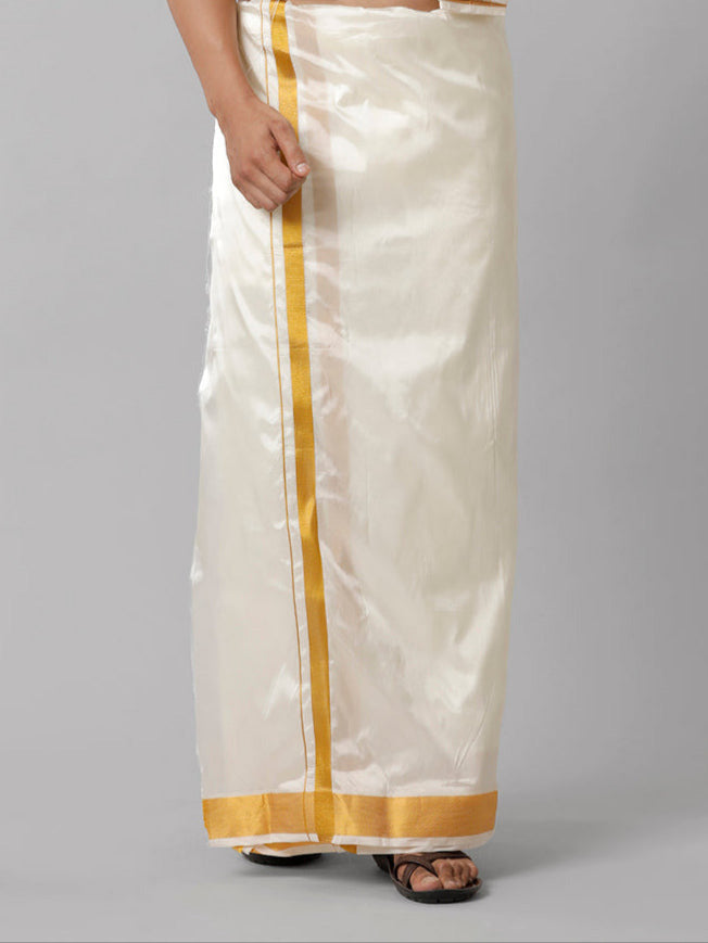 Men Art Silk Double Layer Cream Dhoti with 3/4 Gold Jari Border Yoga