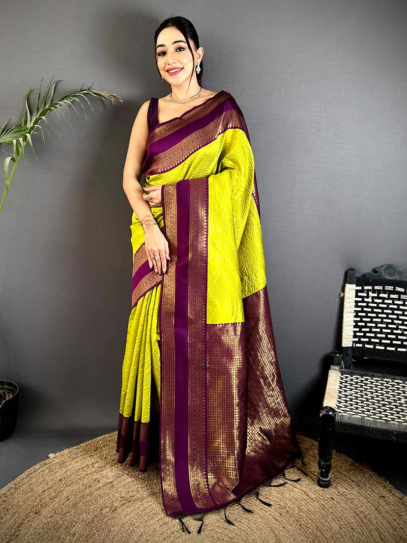 Lime Banarasi Katan Silk Saree