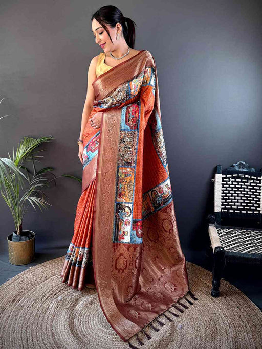 Rust Orange Tussar Silk Kalamkari Checkered Saree