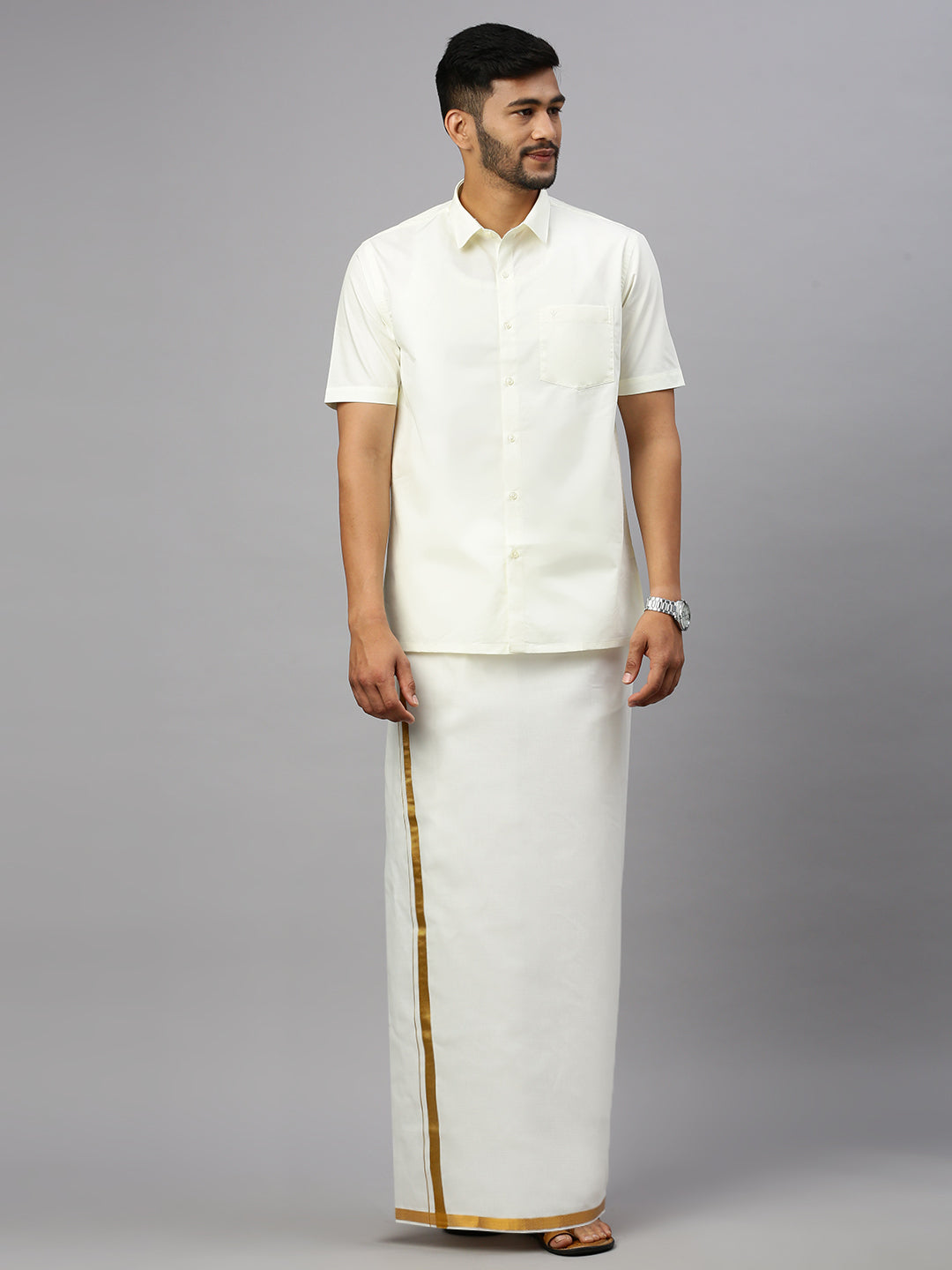 Men 100% Cotton Double Layer Cream Dhoti with 1"Gold Jari Border Arputha