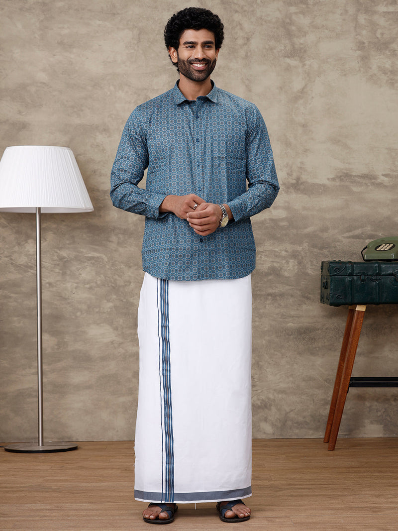Men Dark Blue With Grey Matching Border Dhoti with Printed Shirt Set Fusion PS4