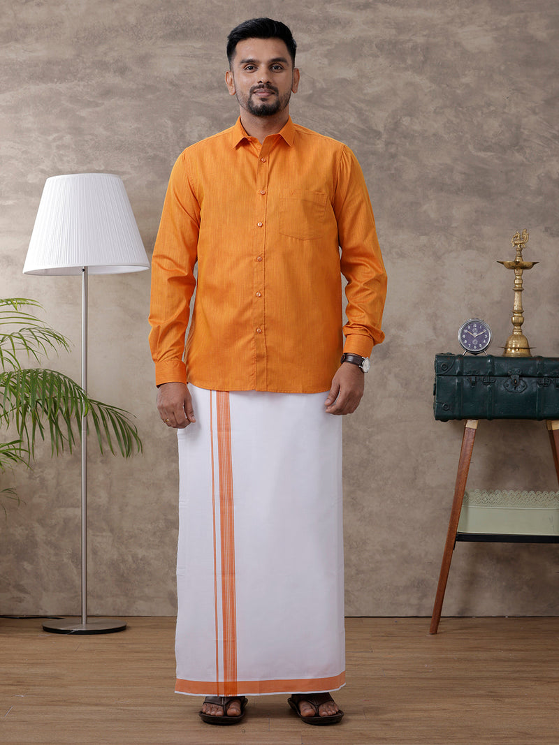 Men Orange Matching Border Dhoti & Full Sleeves Shirt Set Evolution IC1
