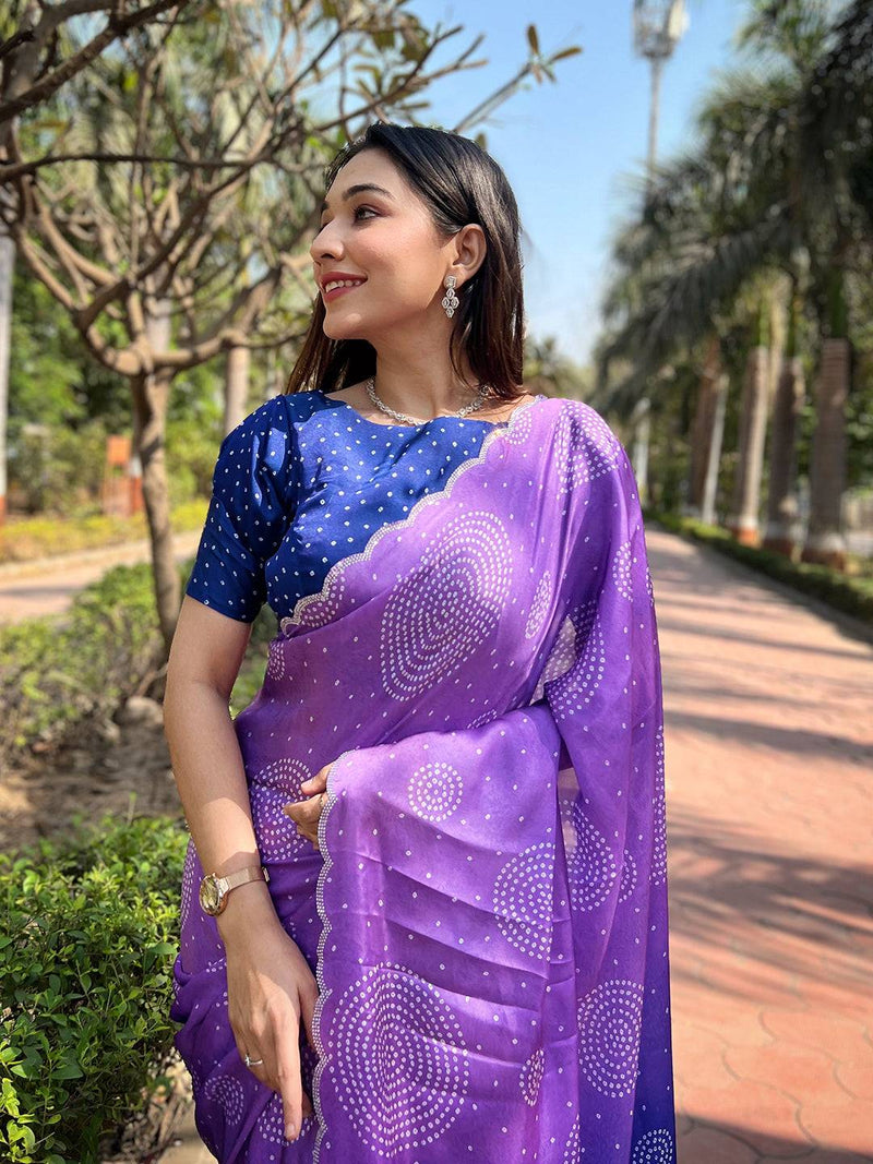 Lavender Georgette Silk Saree with Ombre Bandhej Print & Swaroski Stone Work
