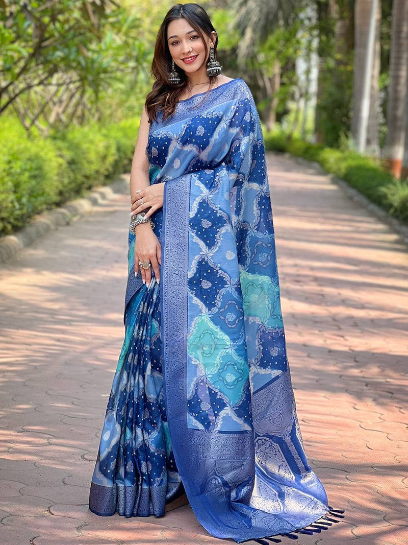 Blue Digital Block Placement Print Saree