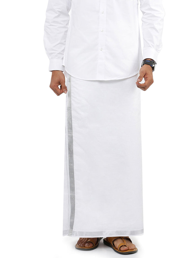 Men Cotton Blend Double Layer White Dhoti with 3/4" Jari Border Silver Heart