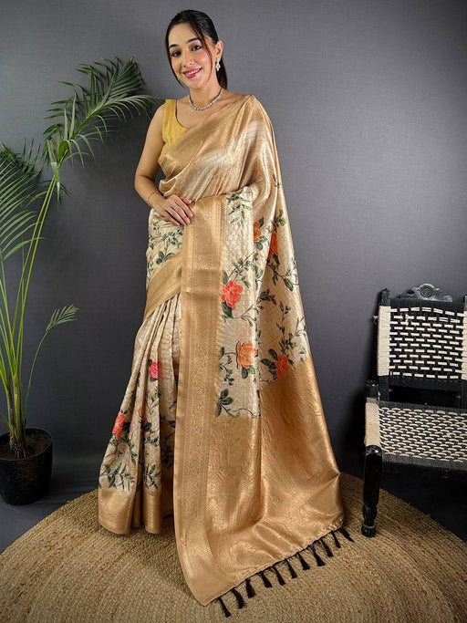 Cream Banarasi Silk Digital Printed Saree