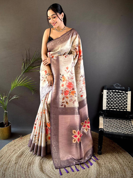 Ivory Slub Ghicha Placement Print Saree