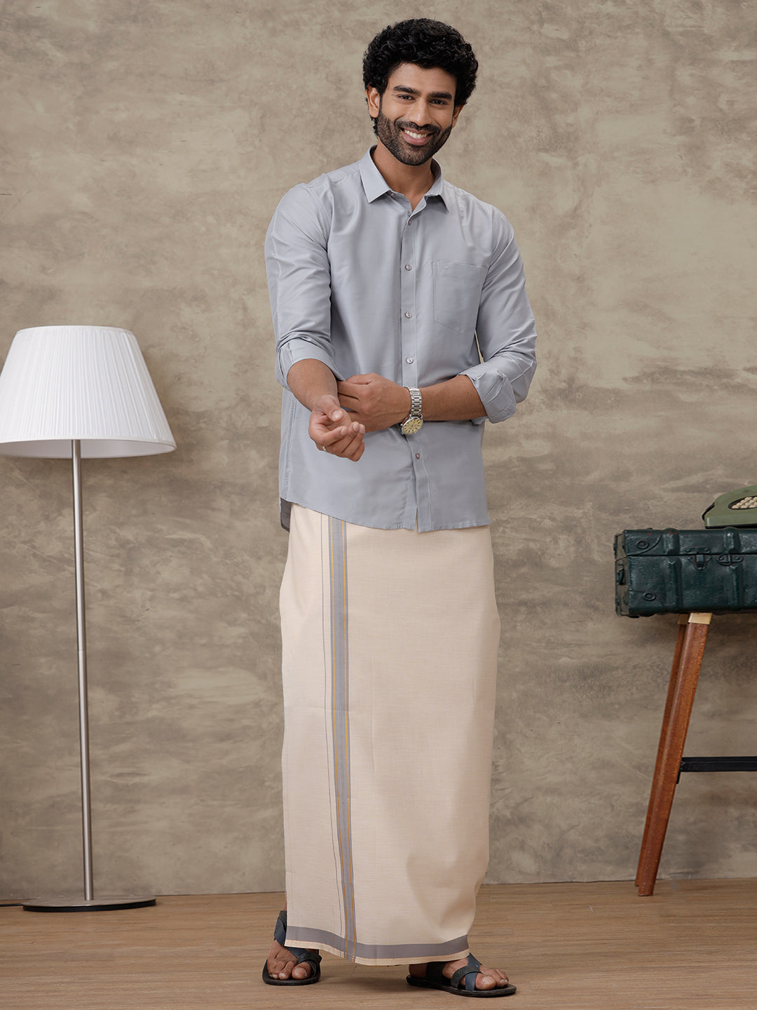 Men Grey Cotton Rich Shirt and Tissue Dhoti Set SMC8