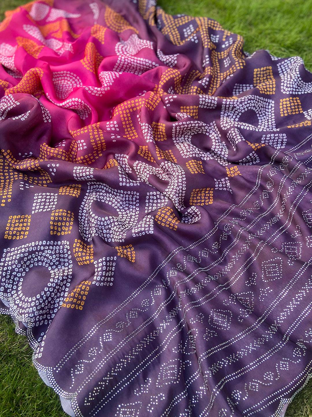 Magenta Georgette Silk Saree with Ombre Bandhej Print & Swaroski Stone Work