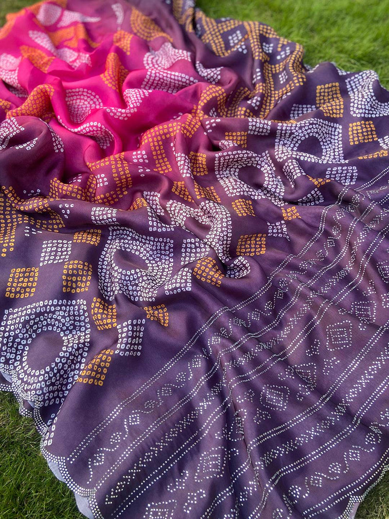 Magenta Georgette Silk Saree with Ombre Bandhej Print & Swaroski Stone Work