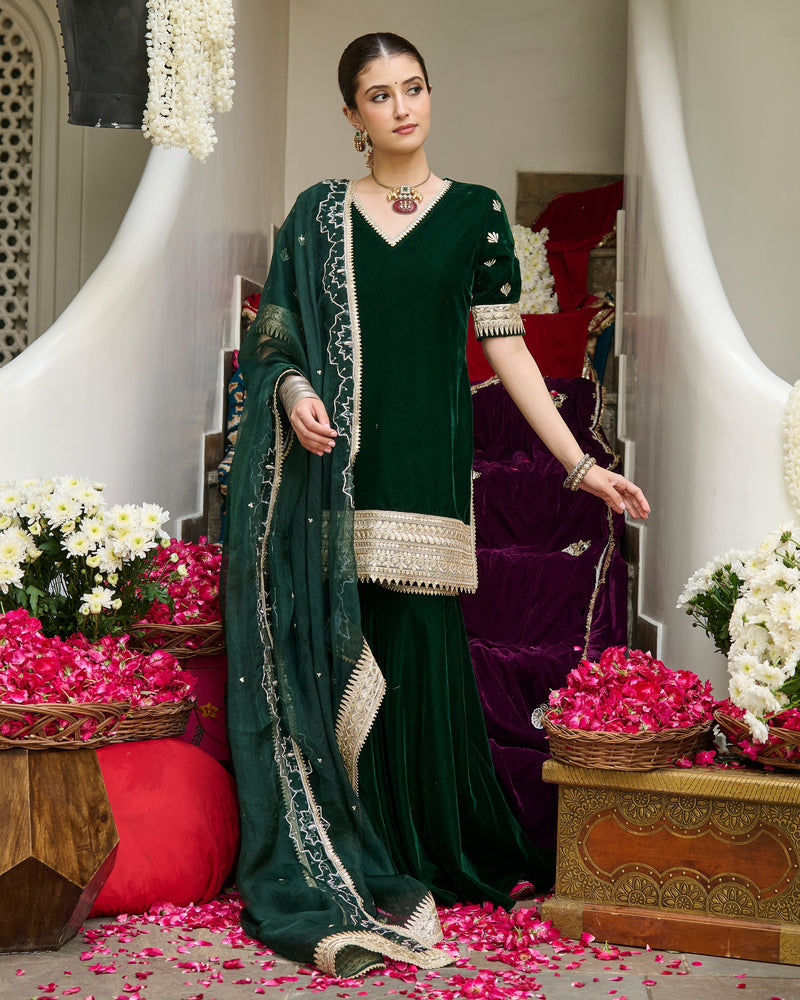 Nila Green Embroidered Velvet Sharara Set