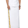 Men 100% Cotton Single Layer White Dhoti with 3/4" Gold Jari Border Agal 2.25m