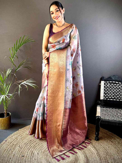 Lavender Floral Gold Zari Tissue Saree