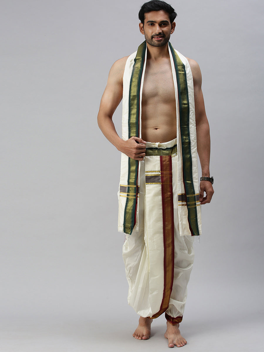 Men Pure Silk 7K Mayilkhan Dhoti & Towel (8+4) Thirukalyan