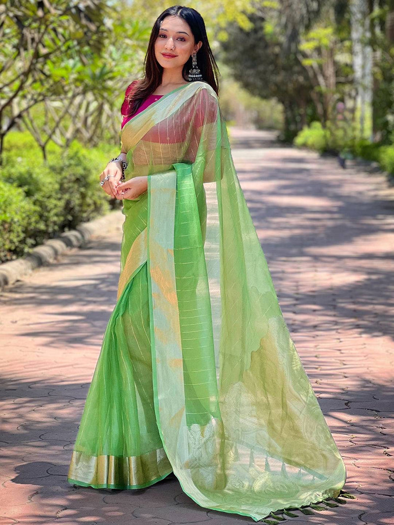 Green Pure Viscose Organza Saree With Fine Gold Zari Weaving Border