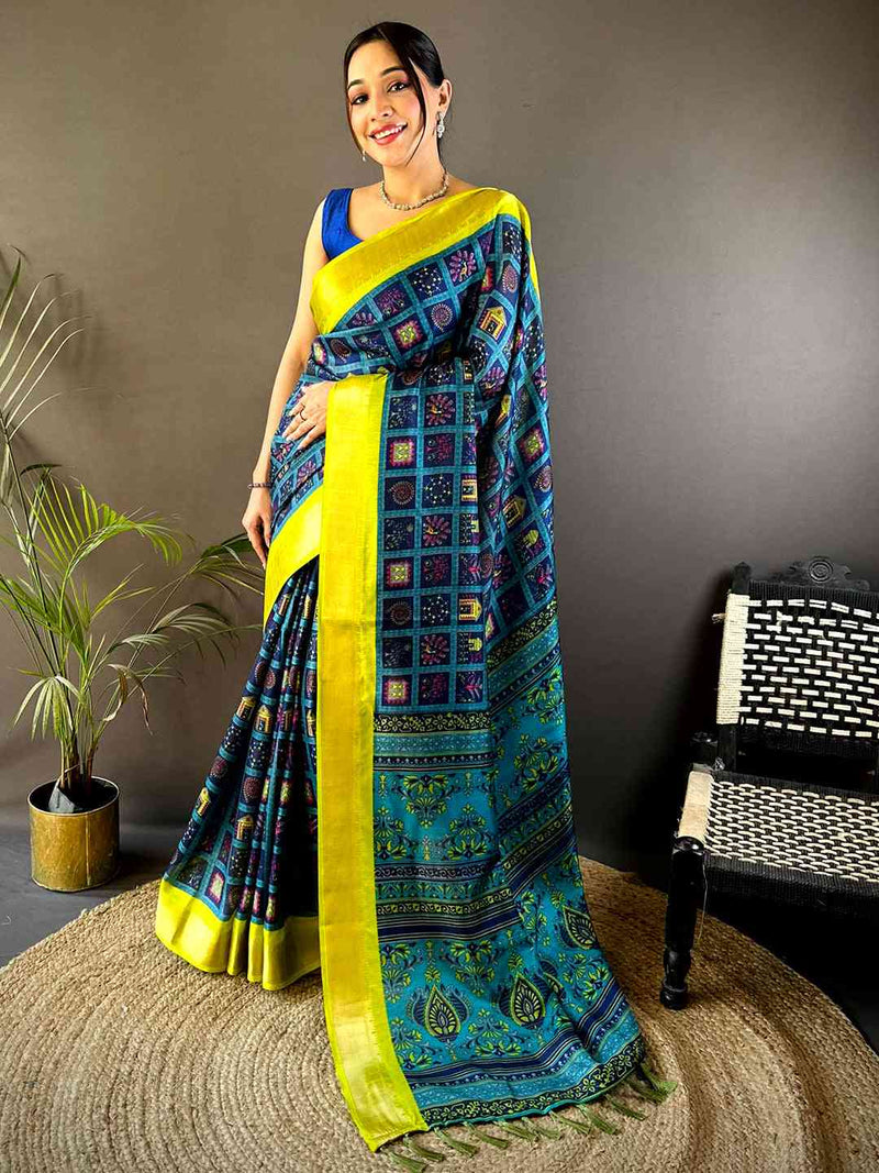 Navy Soft Silk Kalamkari Check Floral Print Saree
