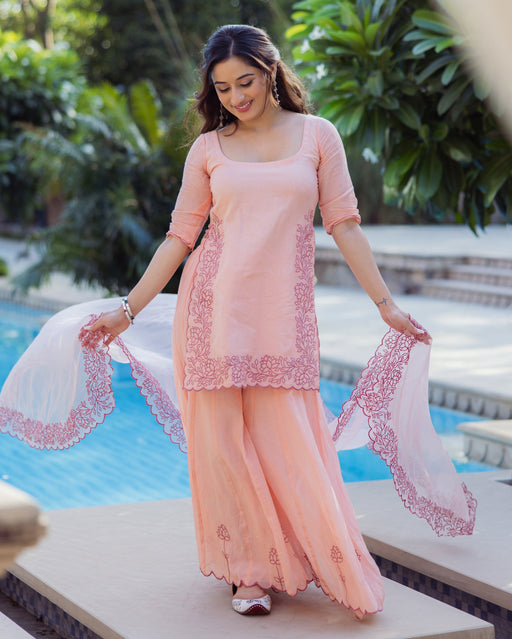 Lotus Charm Peach Embroidered Cotton Sharara Set