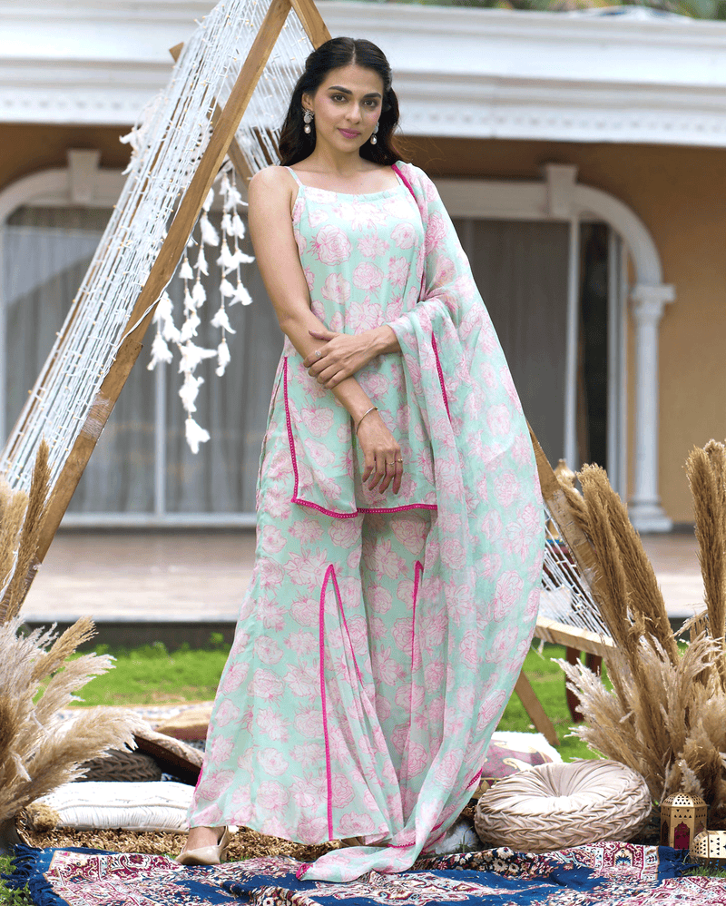 Kinaaz Sea Green Printed Georgette Sharara Set