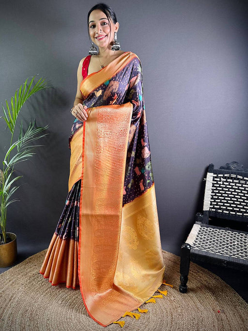 Wine Satin Pichwai Print Saree