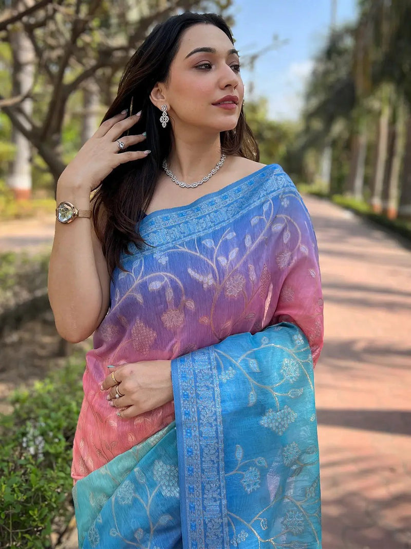 Stylish Soft Slub Silk With Pure Zari And Lakhnavi Badla Weaving