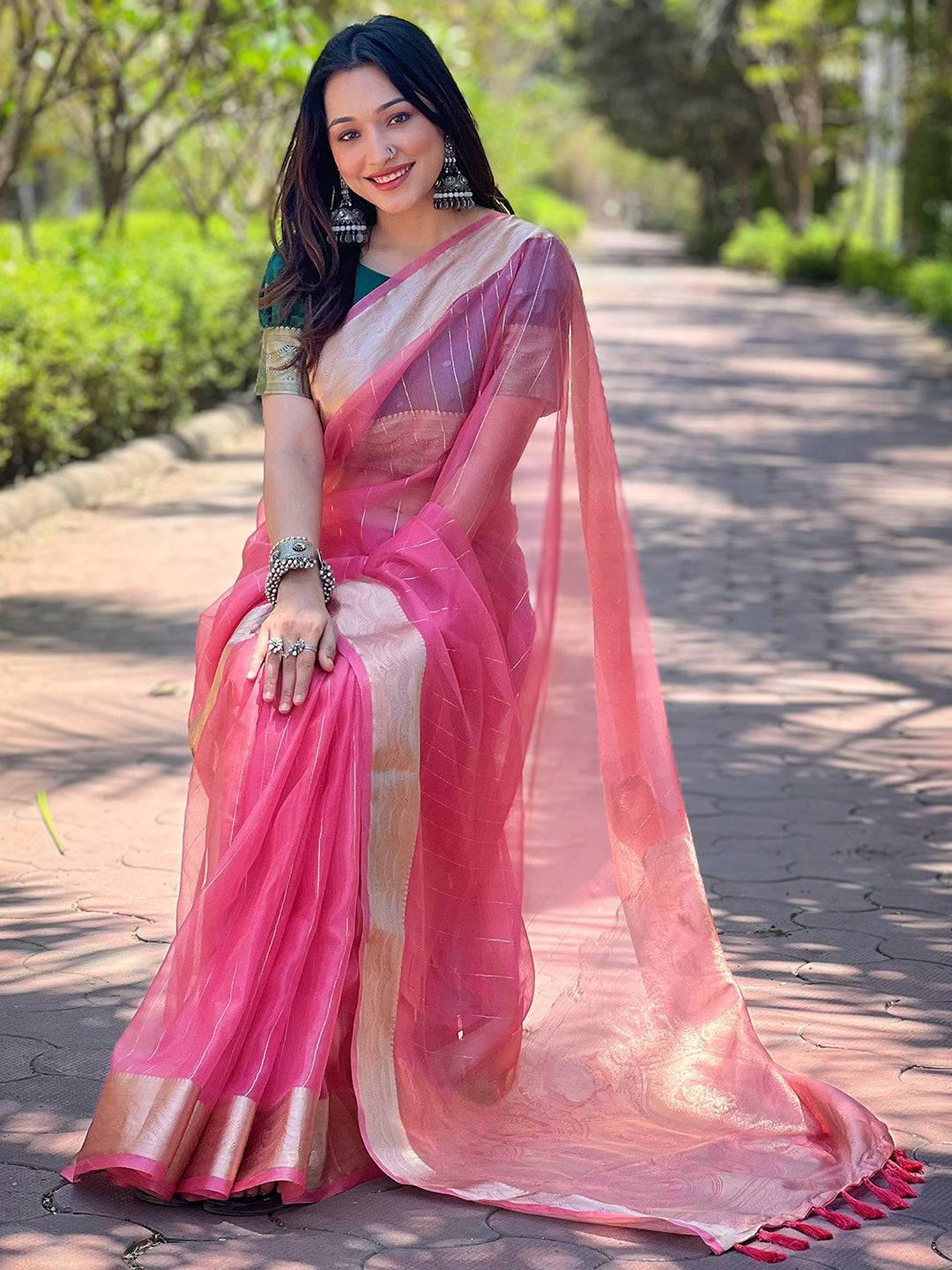 Dark Pink Pure Viscose Organza Saree With Fine Gold Zari Weaving Border