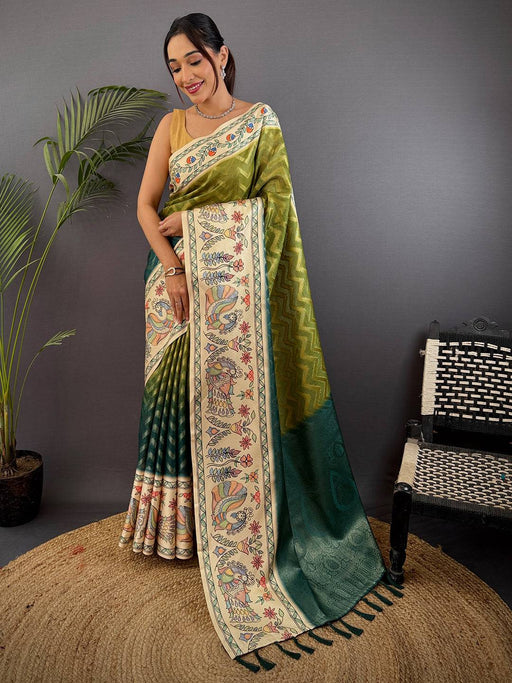 Olive Madhubani Print Soft Silk Saree