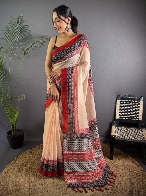 Cream Tissue Chanderi Ajrak Printed Saree