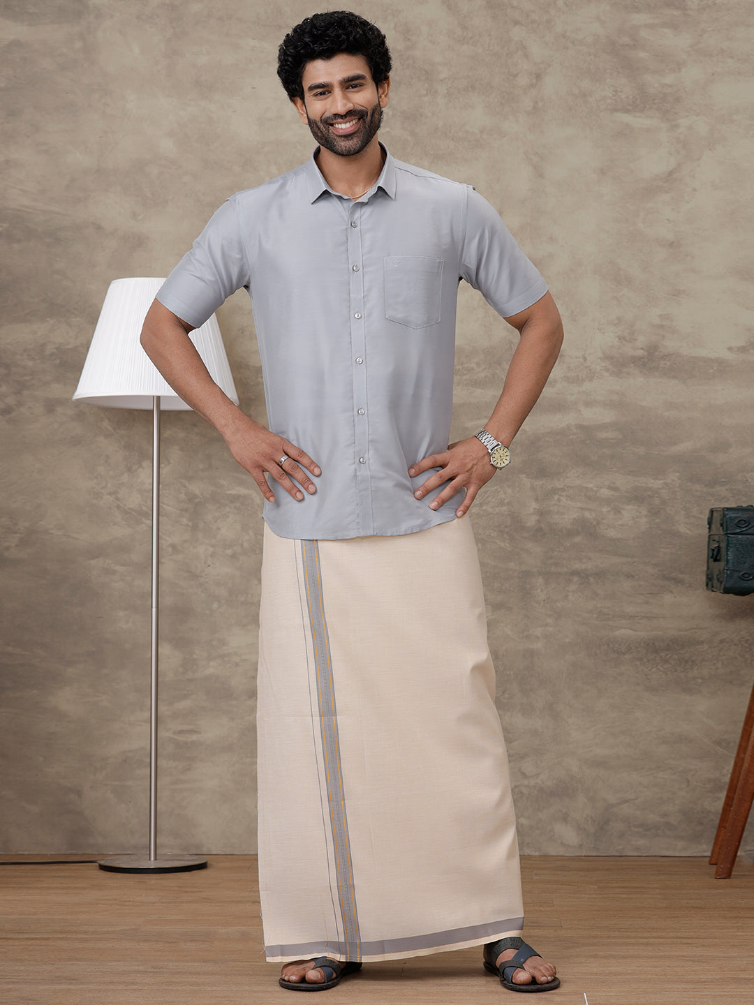 Men Grey Cotton Rich Shirt and Tissue Dhoti Set SMC8