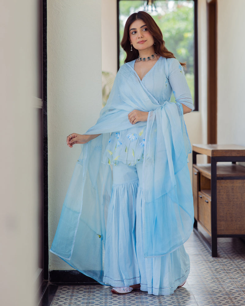 Vivid Blue Handpainted Doria Sharara Set