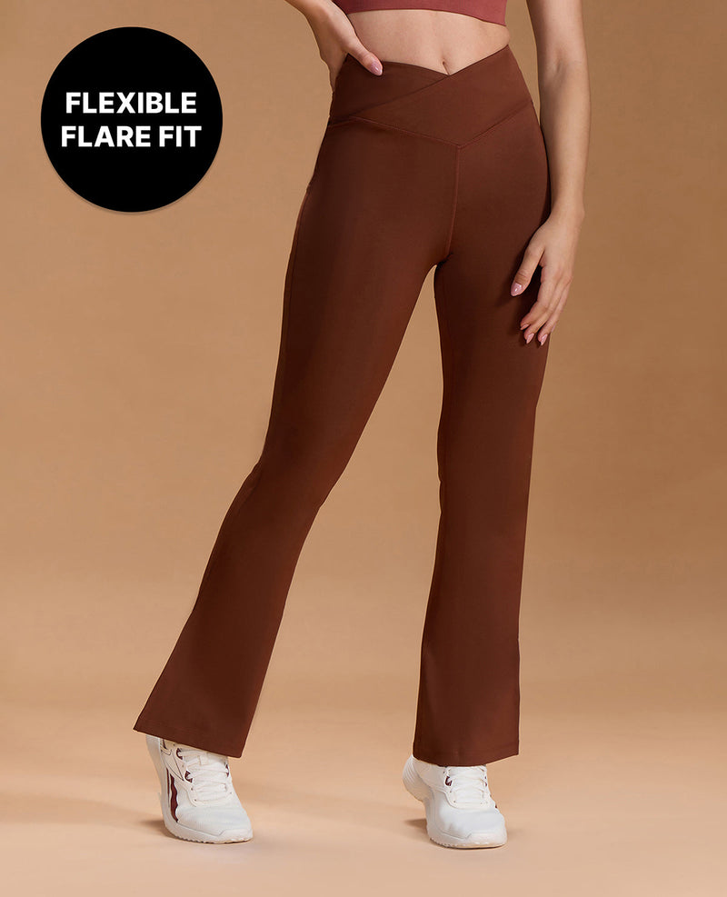 Criss Cross Flare Pants in Sculpting Stretch Kica SKN Fabric Brown