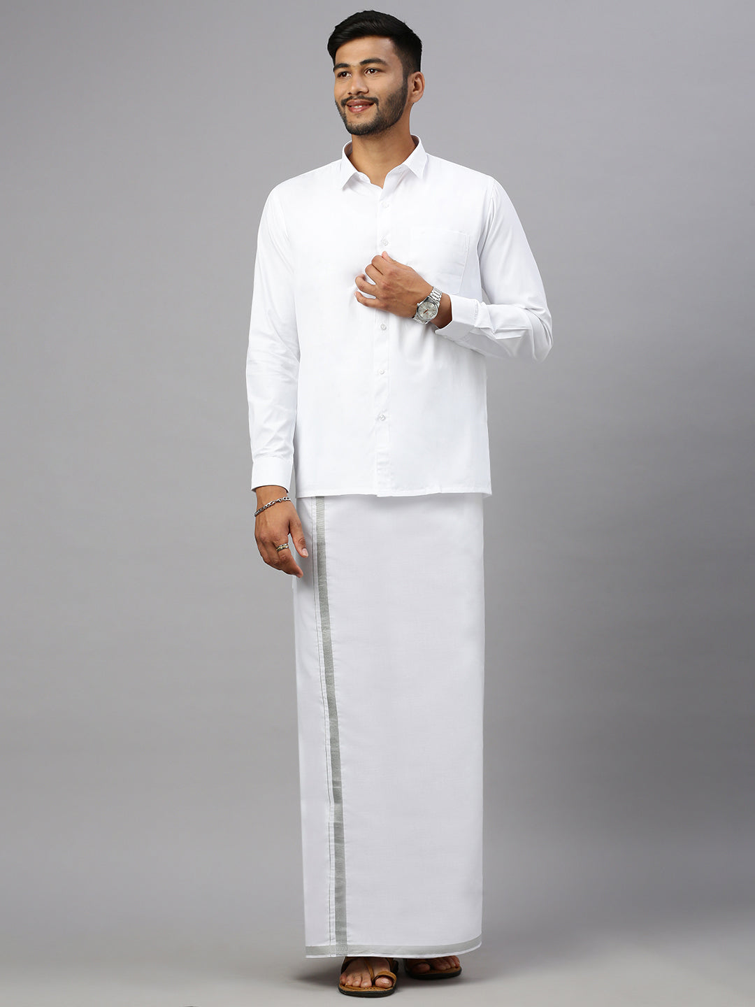 Men 100% Cotton Single Layer White Dhoti with 1/2" Jari Border Silver Storm