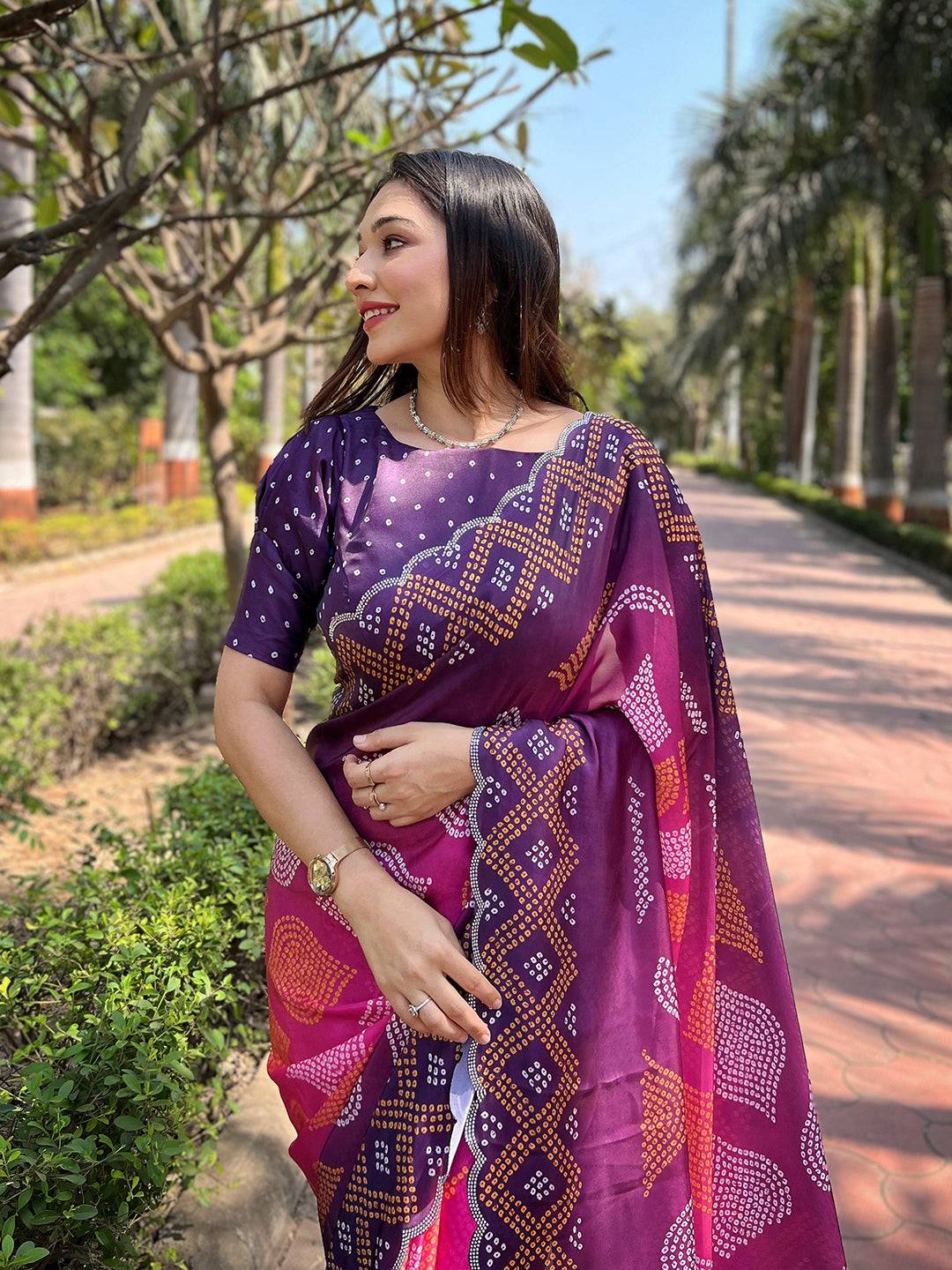 Magenta Georgette Silk Saree with Ombre Bandhej Print & Swaroski Stone Work