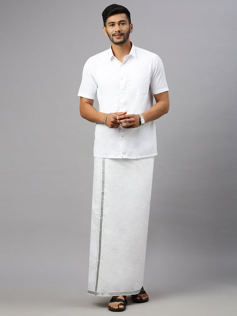Men Cotton Blend Double Layer White Dhoti with 1" Jari Border Silver Rose
