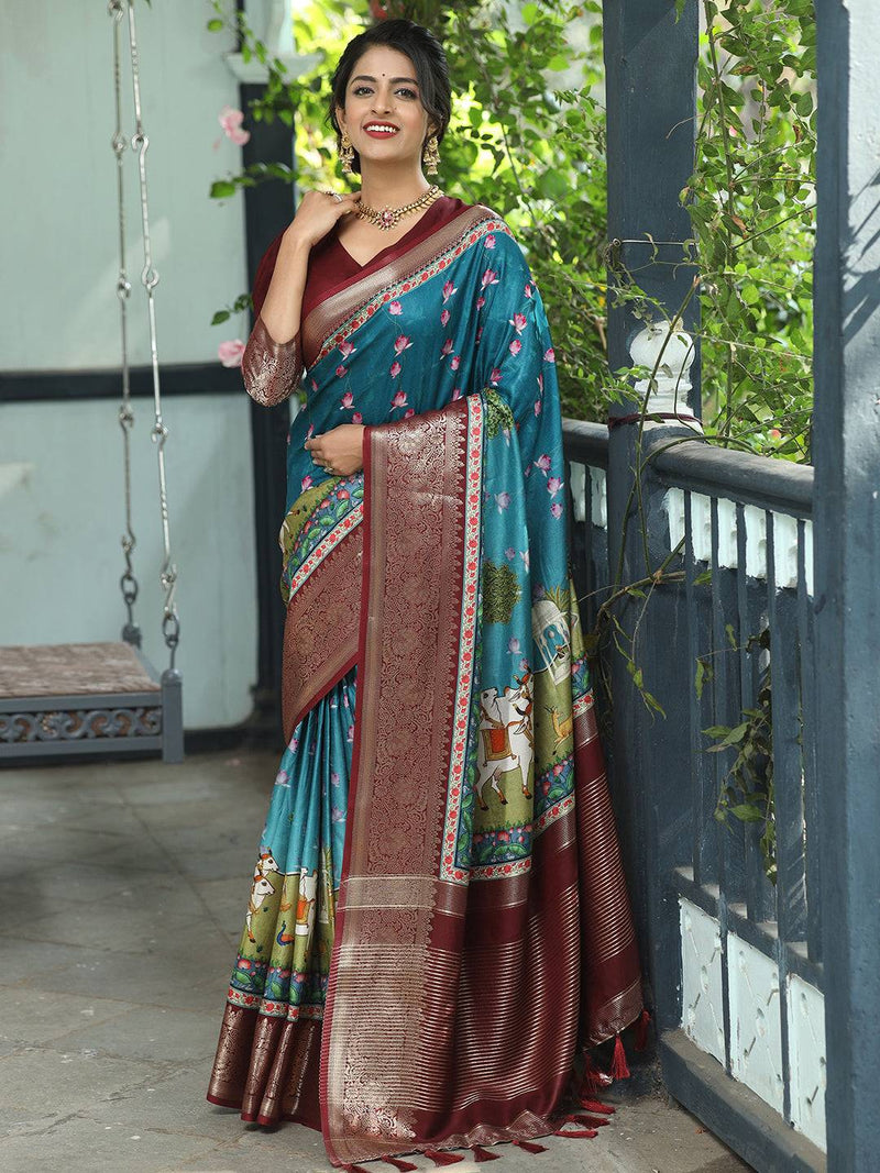 Pichwai Print Zari Weaving Pallu Saree In Blue Colour - Luxe