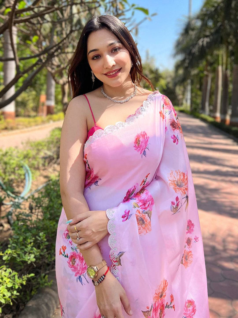 Pink Pure Satin Georgette with Zircon Swarovski Border Saree