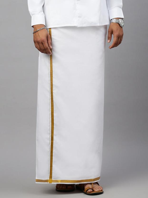 Men Cotton Blend Readymade Single Layer White Dhoti with 3/4" Gold Jari Border M146