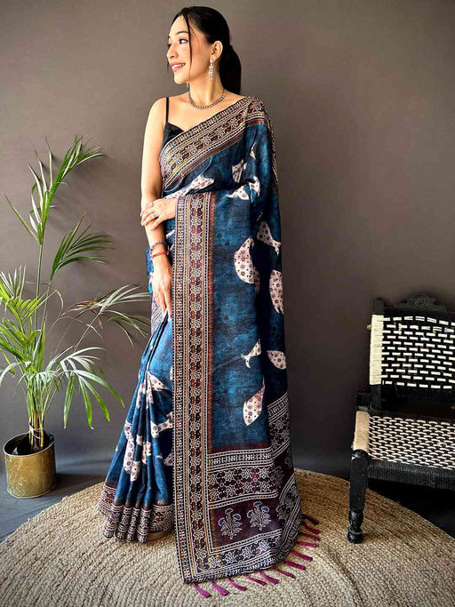 Dark Blue Soft Silk Fish Kalamkari Saree